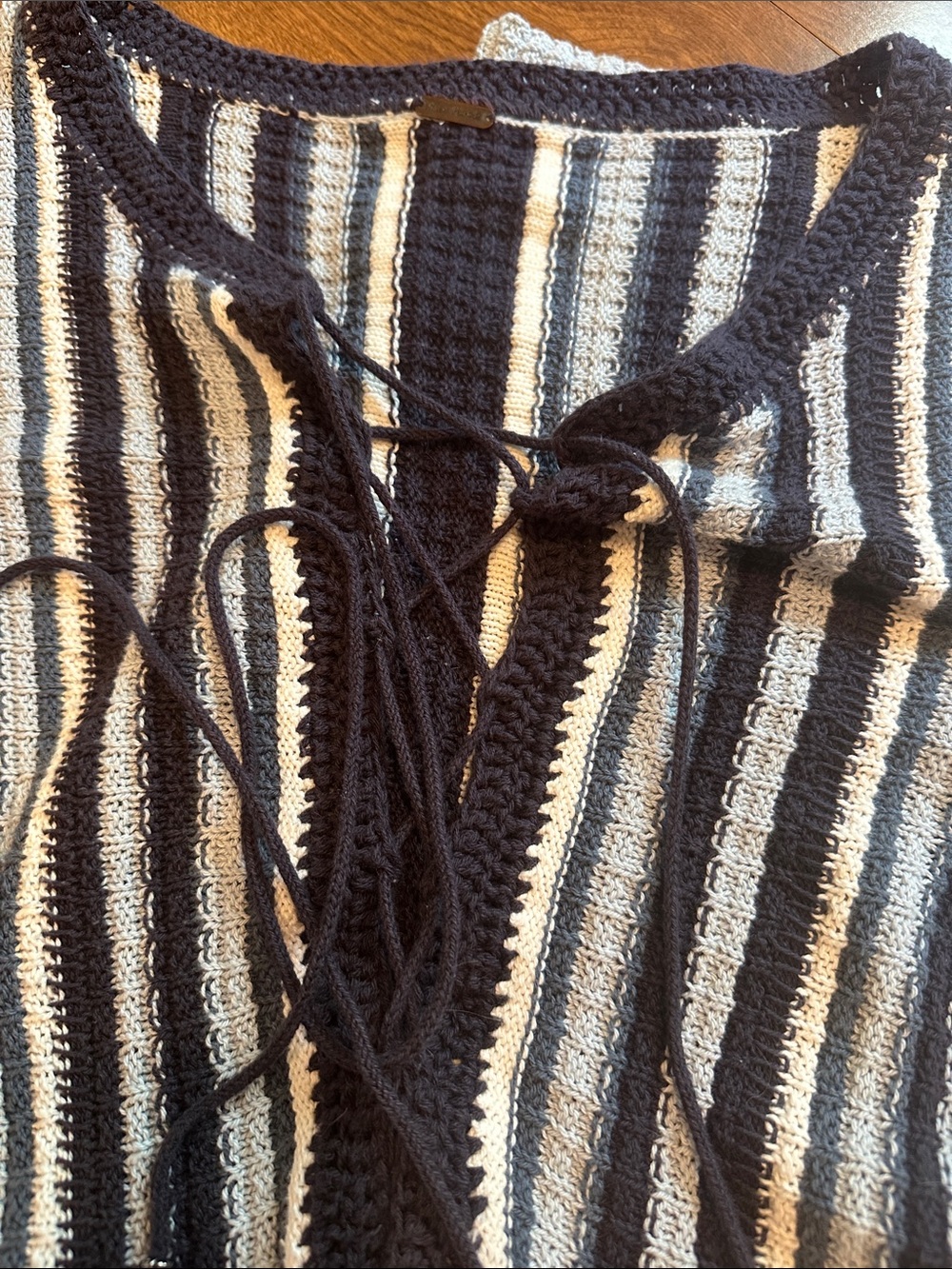 Striped Knit Lace-Up Dress in Blue, Gray & Cream